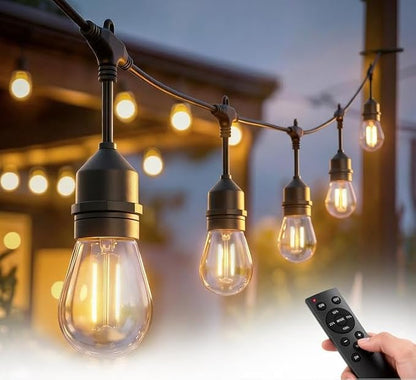 25FT S14 Outdoor String Lights, 15+2 Shatterproof Bulbs 2W, 1.5FT Spacing IP65 Waterproof| Dimmable with Remote, Heavy-Duty, Include Screw & Zip Ties for Patio Backyard Holiday Outside