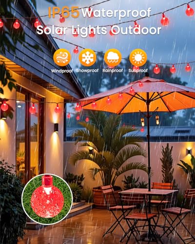 2 Pack 64FT 100 LED Crystal Globe Solar Christmas Lights, Red