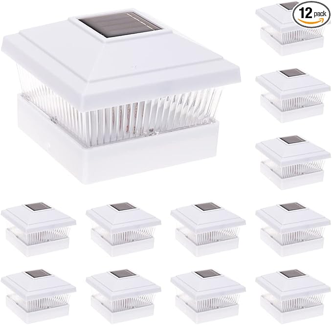 GreenLighting 12 Pack Classic #2 Solar Power Outdoor Garden Pathway Deck Dock Patio Fence Post Light for 5x5 PVC Posts (Off-White)
