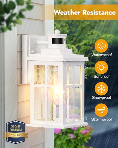 White Outdoor Wall Lights, Motion Sensor Porch Light Outdoor, Dusk to Dawn Outdoor Light Fixtures, Waterproof Outside Lights for House, Garden, Front Porch, Tempered Glass, Anti-Rust