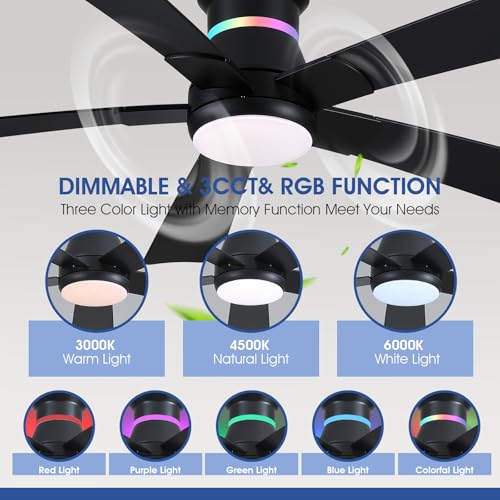 Surtime 52" Black Ceiling Fans with RGB Lights - Flush Mount Ceiling Fan Light with LED 3CCT Dimmable, Modern Low Profile Ceiling Fans for Indoor Party,Covered Outdoor