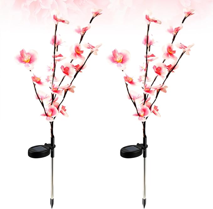 FAVOMOTO 2pcs Floral Solar Garden Lights for Outdoor Walkway, Lawn, and Patio, Decorative Solar-Powered Ground Stake Path Lights for Backyard Landscape