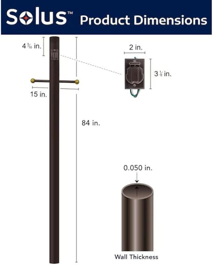 Solus 7-Foot Direct Burial Lamp Post – Outdoor Aluminum Light Pole with Decorative Cross Arm & 120V Outlet – Fits 3" Post Top Fixtures, Made in USA, Black, Bronze, or White, (Bronze, Set of 4)
