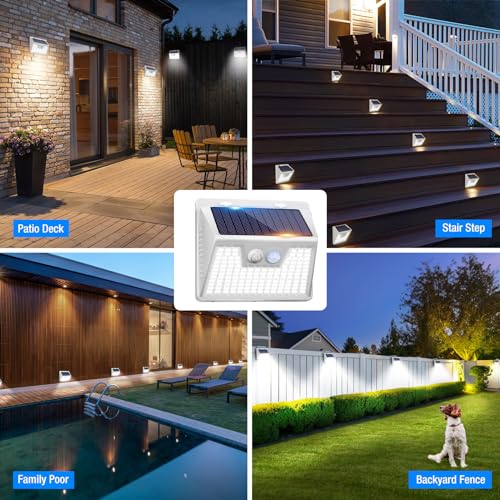 Solar Powered Lights Outdoor Motion Sensor, 2 Pack 140 LED Fence Light Waterproof, White Frame Security Wall Lighting for Outside Deck Yard Patio House Step