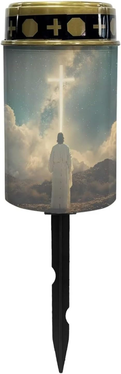 Poceacles Cross Solar Lights Waterproof Solar Garden Lights Cemetery Solar Outdoor Lights Outdoor Stake Automatic Solar Lantern for Cemetery Grave Decoration, God Cross Galaxy Blue