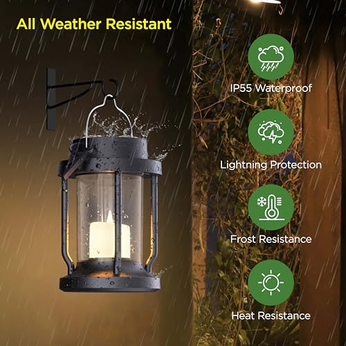 Solar Lantern Outdoor & Indoor Use – Hanging Solar Lights with Realistic Flickering Flameless Candle, Weatherproof for Gardens, Patios, Trees, and Lawns (Green, 2 Pack)