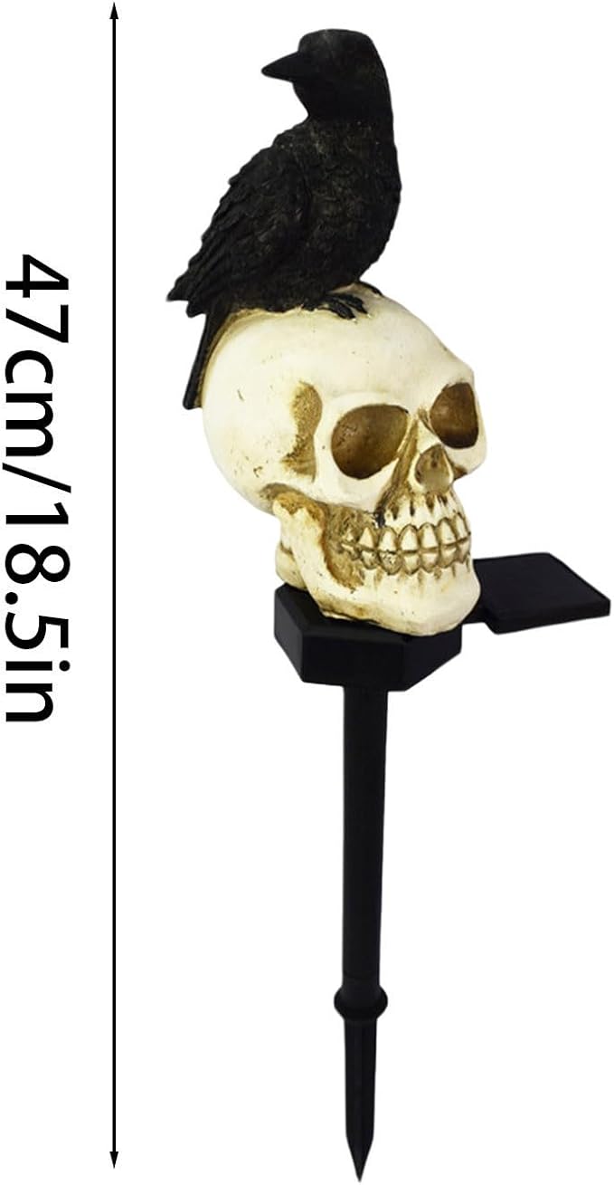Halloween Skull Lights Crow on Skull Solar Pathway Lights Waterproof Scary Skeleton LED Outdoor Decorations, Realistic Resin Material for Patio Lawn Yard Garden Home Halloween Party (B)