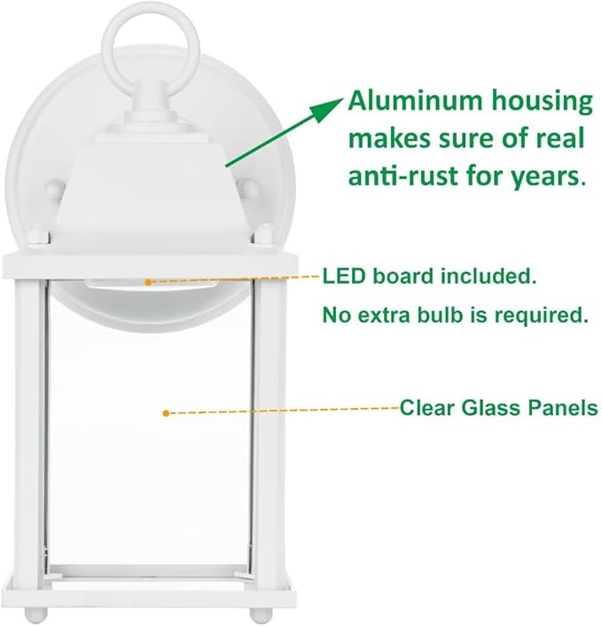 LIT-PaTH Outdoor LED Wall Lantern, Wall Sconce as Porch Light, 9.5W 800 Lumen, Aluminum Housing Plus Glass, 3000k-Matte White Finish, 2-Pack