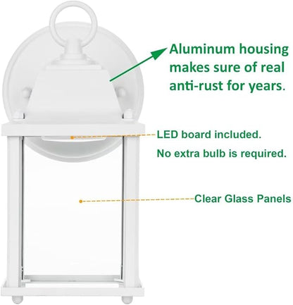 LIT-PaTH Outdoor LED Wall Lantern, Wall Sconce as Porch Light, 9.5W 800 Lumen, Aluminum Housing Plus Glass, 3000k-Matte White Finish, 2-Pack