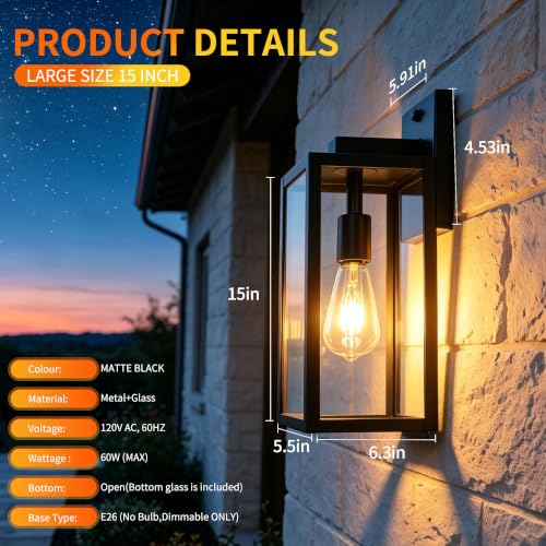 15 Inch Motion Sensor Dawn to Dusk Outdoor Sensor Light Fixture Waterproof Porch Lights Anti-Rust Exterior Wall Mount Light Outdoor Wall Lantern for Patio Front Door Garage - 2 Pack