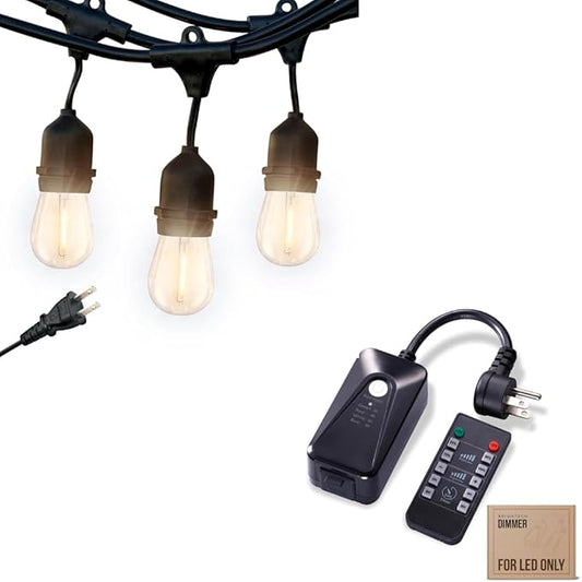 Brightech Ambience Pro LED String Lights Plus Outdoor Smart Dimmer Plug with Remote Control - 48 Ft Commercial Grade Patio Lights Outdoor Waterproof