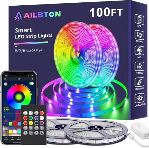 AILBTON Led Lights for Bedroom,100ft Led Light Strip Music Sync RGB Led Strip Lights Built-in Mic,Bluetooth App Control Led Room Lights with Remote,5050 RGB Rope Light