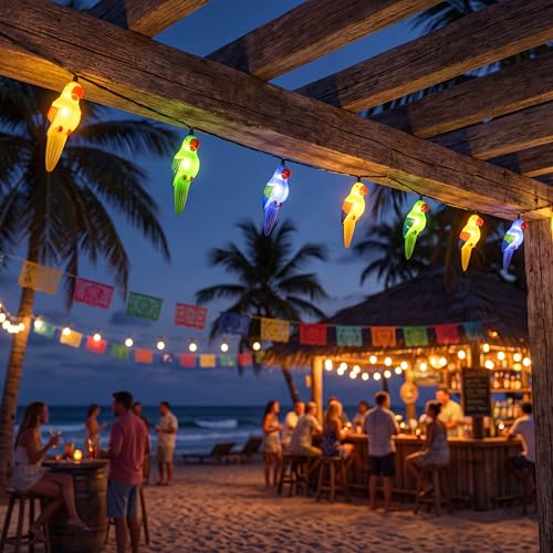 Oviejo Parrot String Lights 8.5Ft Summer Camping String Lights with 10 LED Lights, Tropical Themed Fairy Lights for Luau Party/Beach/Fiesta/Birthday/Tiki Bird Decorations Lights,Green Wire