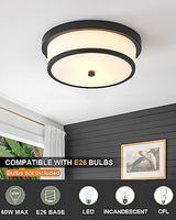 12 inch Flush Mount Ceiling Light, 2-Light Close to Ceiling Light Fixtures with Black Finish for Bathroom Bedroom Kitchen Hallway (Black)