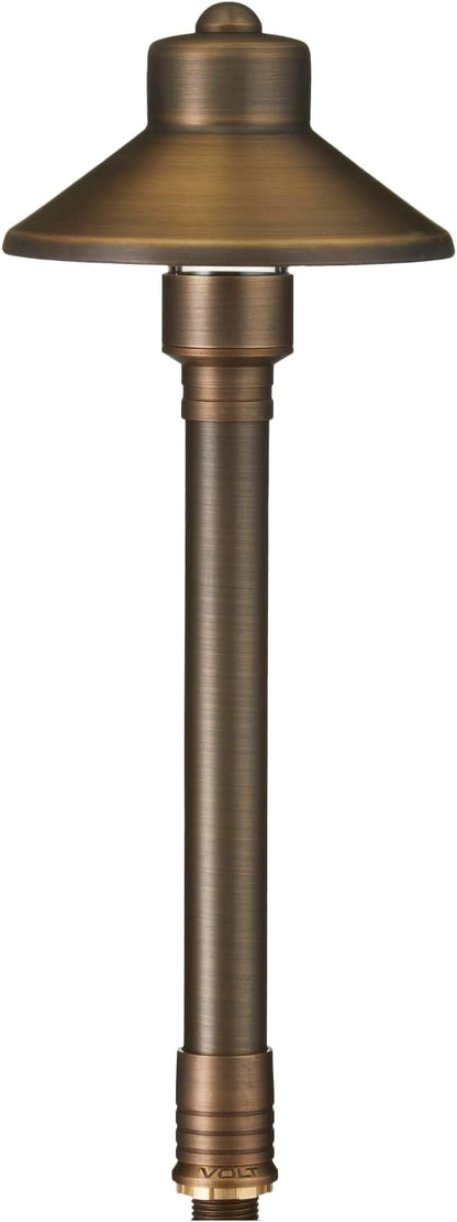 VOLT Flat Hat 12V Brass Mini Path Light (5" Shade, 15" Tall) with 3W 2700K Warm White G4 LED Bulb for Low Voltage Landscape Lighting on Outdoor Pathway, Walkway, Garden, Driveway or Patio