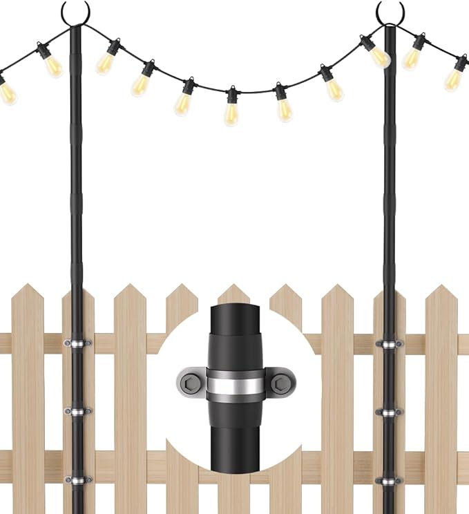 10Ft String Light Poles for Fence & Deck Railing, Outdoor Light Stand with Fence Brackets, Heavy-Duty Metal Poles | Lumora