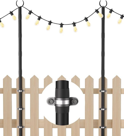 10Ft String Light Poles for Fence & Deck Railing, Outdoor Light Stand with Fence Brackets, Heavy-Duty Metal Poles for Backyard, Garden & Patio Party Lighting, Rustproof & Adjustable