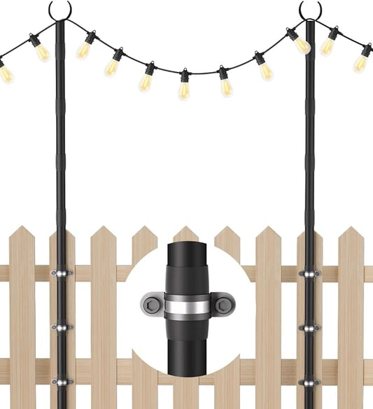 10Ft String Light Poles for Fence & Deck Railing, Outdoor Light Stand with Fence Brackets, Heavy-Duty Metal Poles for Backyard, Garden & Patio Party Lighting, Rustproof & Adjustable