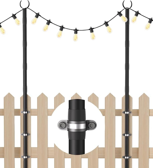 10Ft String Light Poles for Fence & Deck Railing, Outdoor Light Stand with Fence Brackets, Heavy-Duty Metal Poles | Lumora