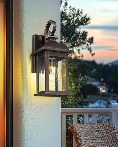 FEMILA 2-Pack Outdoor Wall Sconce Lights Oil Rubbed Bronze, 15" Exterior Outdoor Light Fixtures Wall Mount with Seeded Glass, for Front Porch Patio Garage, 4FD54B-2PK ORB