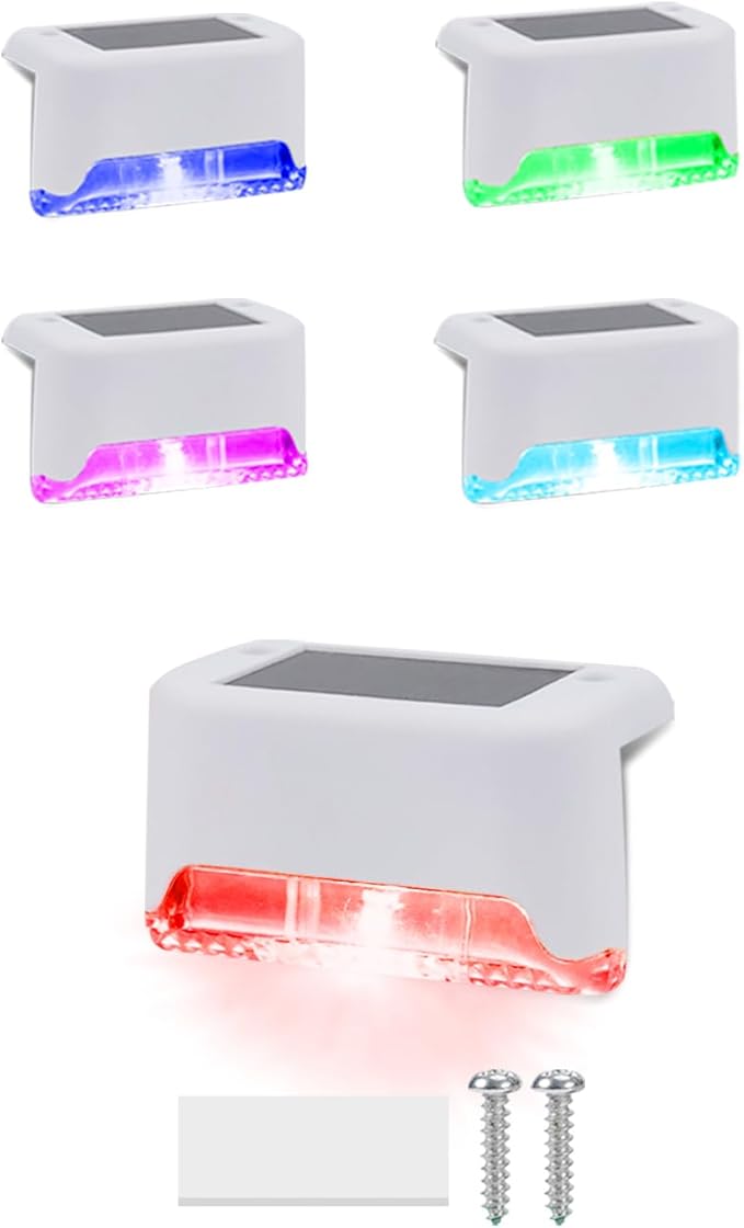 4 Pack Color Change Solar Step Lights Outdoor Small Waterproof RGB LED Stair Lamp Outside Decorative Lighting for Deck, Staircase, Railing, Pool, Retaining Wall, No Drill Install(White Shell)