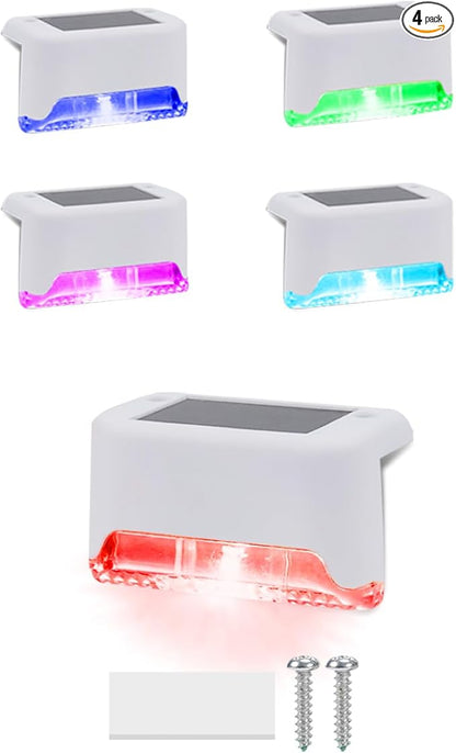 4 Pack Color Change Solar Step Lights Outdoor Small Waterproof RGB LED Stair Lamp Outside Decorative Lighting for Deck, Staircase, Railing, Pool, Retaining Wall, No Drill Install(White Shell)