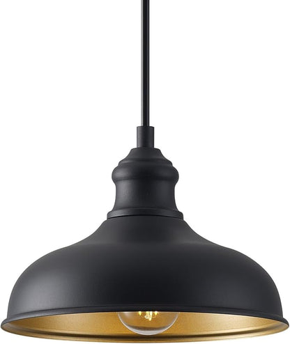 10in Dome Outdoor Pendant Barn Lights Black Kitchen Island Pendant Lamp with Brass Interior, Hallway Porch Ceiling Hanging Lights, Farmhouse Style Indoor Pendant Fixture for Home, Ajustable