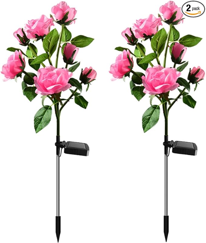 Aolyty Solar Garden Lights Outdoor, Solar Powered Stake Flower Light, IP65 Waterproof Solar Decorative Rose Flowers Lights for Patio Pathway Yard Lawn Decor (Pink, 7 Rose)