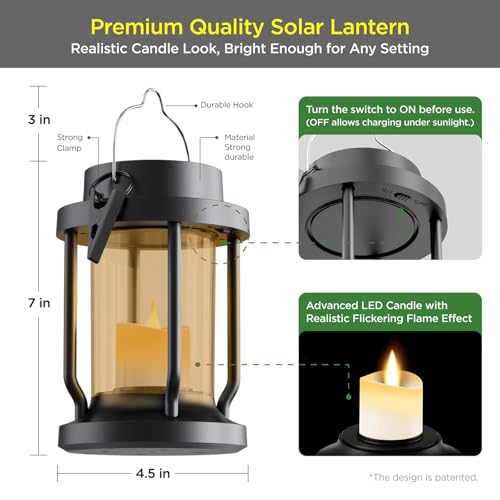 Solar Lantern Outdoor & Indoor Use – Hanging Solar Lights with Realistic Flickering Flameless Candle, Weatherproof for Gardens, Patios, Trees, and Lawns (Black + Amber, 1 Pack)