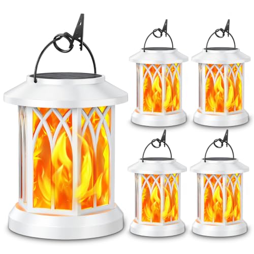 KOOPER 4 Pack Solar Lantern Outdoor Lights, Upgraded Flickering Flame Solar Lanterns Lights Outdoor Waterproof, Hanging Lantern Decorative, Solar Powered Lanterns for Yard Patio Garden Decor (White)