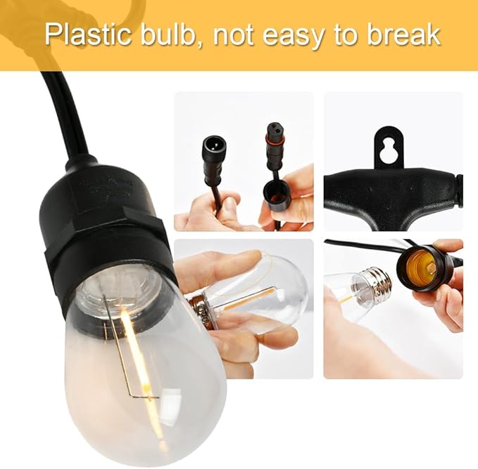 Outdoor String Lights LED 48FT Commercial Grade Heavy Duty with 16 2700K LED S14 Shatterproof Plastic Edison Bulb for Patio Back Yard Porch Party Decor