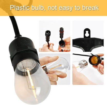 Outdoor String Lights LED 48FT Commercial Grade Heavy Duty with 16 2700K LED S14 Shatterproof Plastic Edison Bulb for Patio Back Yard Porch Party Decor