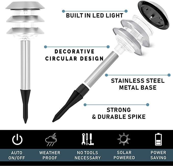 Morvat LED Auto Solar Powered Outdoor Path Lights with Stainless Steel & Watertight Lens for Garden Yard & Pathway, Bright Waterproof Landscape & Patio Lighting, Dusk to Dawn, White Light, 6 Pack