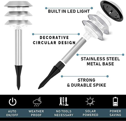 Morvat LED Auto Solar Powered Outdoor Path Lights with Stainless Steel & Watertight Lens for Garden Yard & Pathway, Bright Waterproof Landscape & Patio Lighting, Dusk to Dawn, White Light, 6 Pack