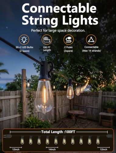 100FT Outdoor String Lights, 50 ST40 Edison LED Patio Lights