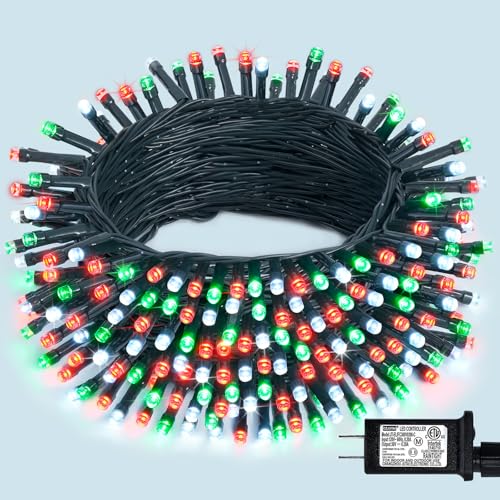 JMEXSUSS 66ft 200 LED Red White and Green Christmas Lights Plug in
