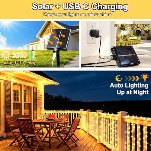 KNONEW 203FT 600LED Solar Fairy String Lights Outdoor Warm White 8 Modes