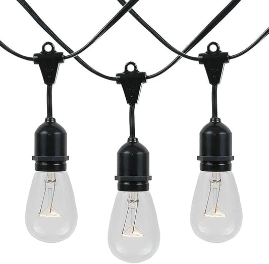 Novelty Lights 100 Feet, 50 Suspended E26 Sockets, S14 String Light Set with Clear Incandescent Bulbs, Heavy Duty Black Wire Patio Lights, Weather Resistant, Non-Connectable