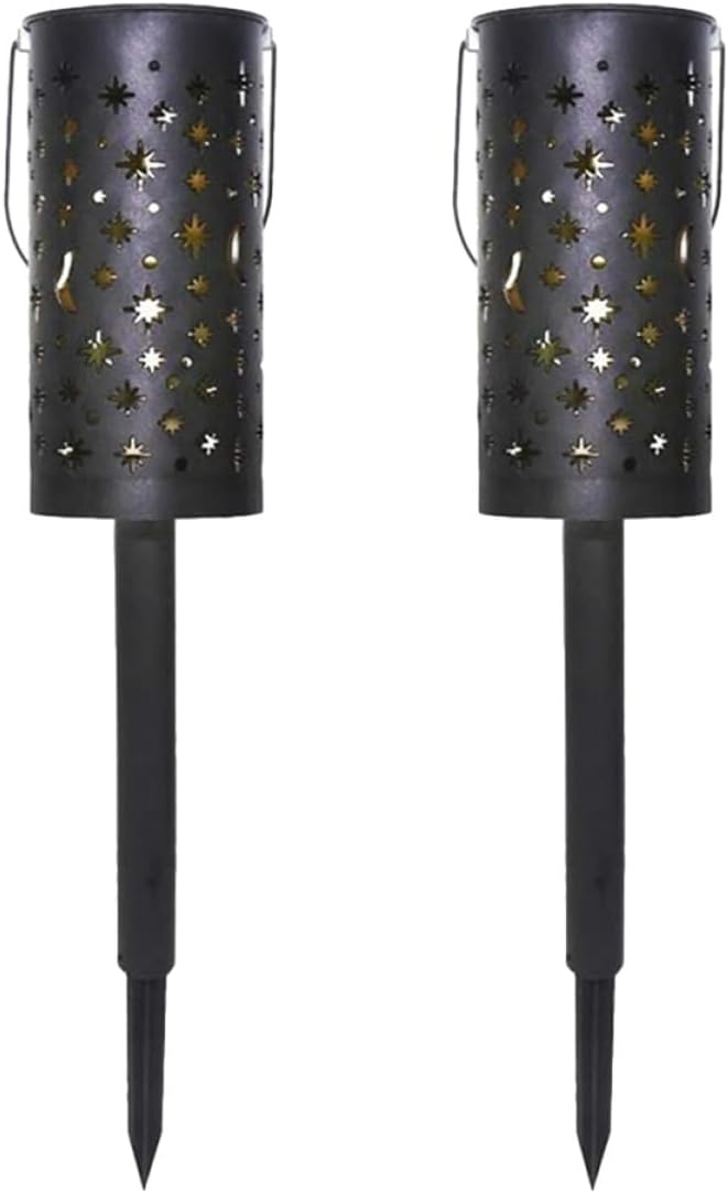 2pcs Solar Wrought Iron Lawn Lights, Waterproof Decorative Garden Plug-in Lamps Star and Cutout Design, Solar Powered Landscape Lighting for Outdoor Yard Path