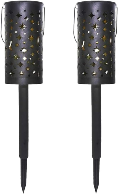 Solar Powered Waterproof Lawn Plug Lights 2pcs, Decorative Outdoor Projection Garden Path Lighting, Iron Art Hollow Star Moon Design for Yard and Patio