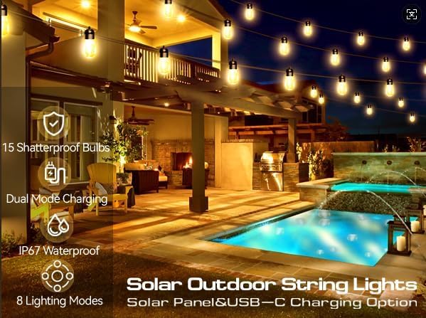 Honche Solar Outdoor Party Lights Waterproof LED IP66 with 15 Edison Bulb Warm White String Lights Patio Lights for Christmas Camping Wedding Birthday Backyard Gazebo Party Decor