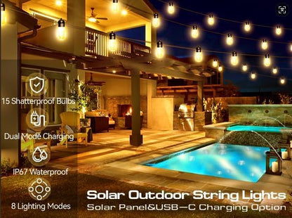 Honche Solar Outdoor Party Lights Waterproof LED IP66 with 15 Edison Bulb Warm White String Lights Patio Lights for Christmas Camping Wedding Birthday Backyard Gazebo Party Decor