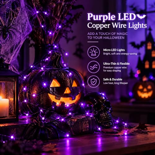 Dazzle Bright Halloween Fairy String Lights, Total 40FT 120LED Copper Wire Battery Operated Waterproof Lights, Halloween Decorations for Indoor Home Outdoor Garden Patio Party Decor (Purple)