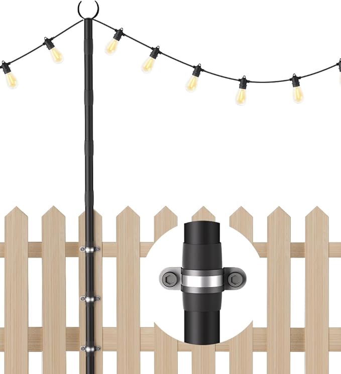 10Ft String Light Poles for Fence & Deck Railing, Outdoor Light Stand with Fence Brackets, Heavy-Duty Metal Poles | Lumora