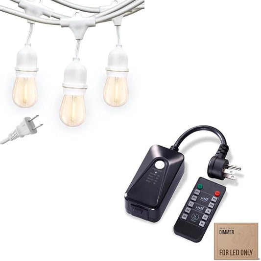 Brightech Bundle: Ambience Pro Waterproof LED Outdoor String Lights - Hanging, Dimmable 2W Vintage Edison Bulbs - White + Outdoor Dimmer Plug