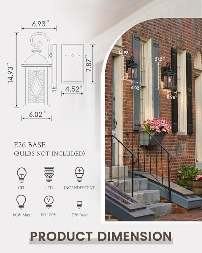 FEMILA 15" Exterior Wall Sconce, 2-Pack Outdoor Waterproof Wall Lights Fixture, Anti-Rust Matte Black Finish with Water Ripple Glass,4FD54B-2PK BK-SD