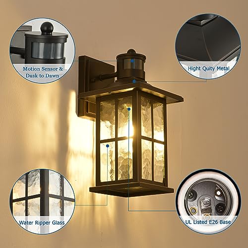 FLEDAVID Motion Sensor Porch Light Black Dusk to Dawn Outdoor Wall Lantern