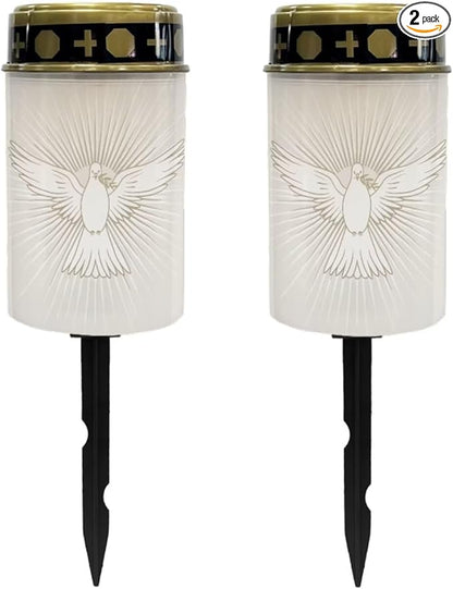 Poceacles Solar Lights Waterproof Solar Garden Lights Cemetery Solar Outdoor Lights Outdoor Stake Automatic Solar Lantern for Cemetery Grave Decoration, Dove of Peace Pattern, Pack of 2