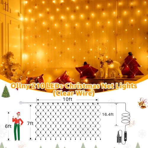 Ollny Net Lights 210LED 10x7ft, Clear Wire Christmas Outdoor Mesh Light