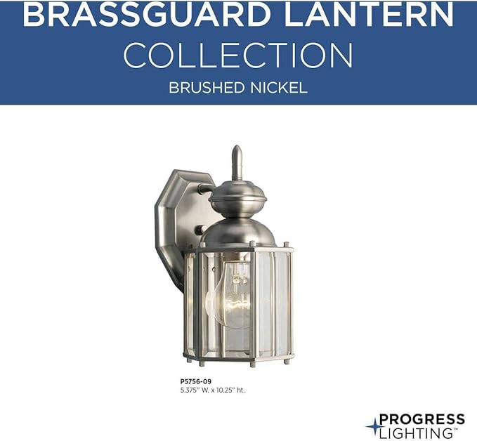 Progress Lighting 1-Light Clear Beveled Glass Traditional Outdoor Wall Lantern Light, BrassGUARD Lantern Collection, Outdoor, P5756-09, Brushed Nickel
